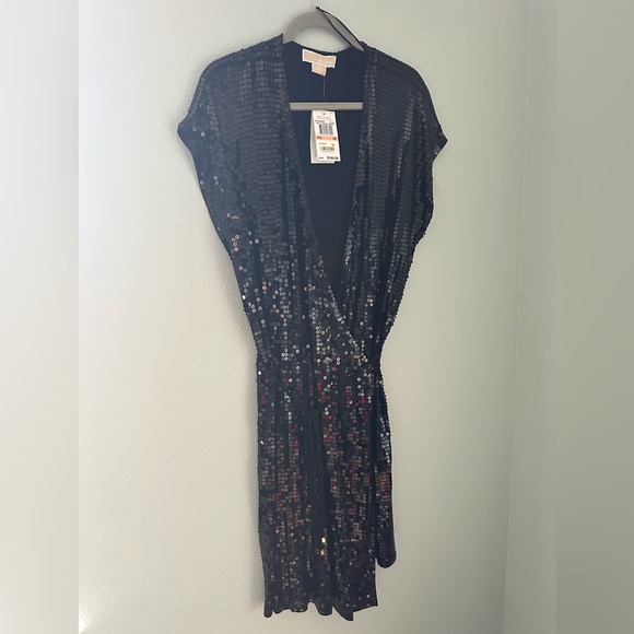 michael kors black sequin wrap dress Michael Kors Women's Pleated Sequin Overlay Satin Sheath Dress - Black